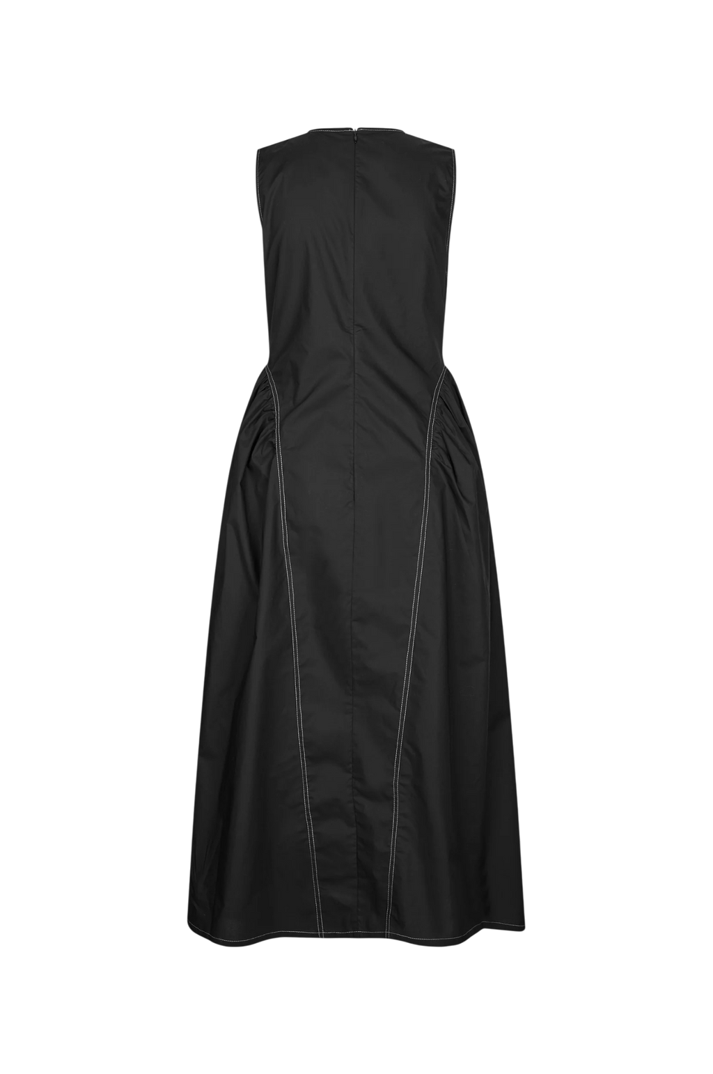 A sleeveless black midi dress shown from the back, featuring a structured bodice and gathered skirt with contrasting light-colored piping details, set against a plain white background.