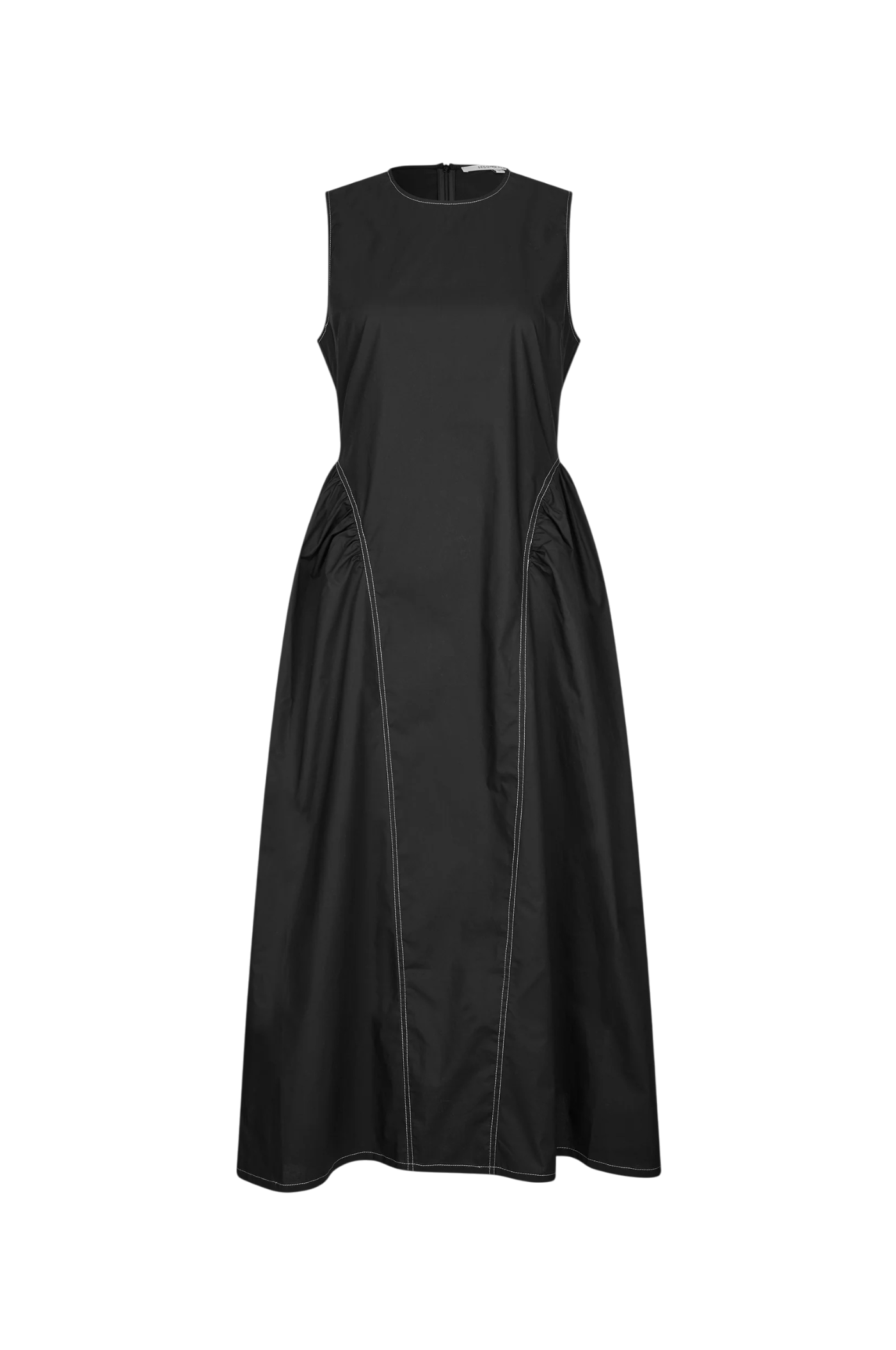 A sleeveless black midi dress with a round neckline and gathered side details, shown against a plain white background.