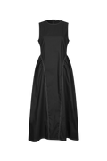 A sleeveless black midi dress with a round neckline and gathered side details, shown against a plain white background.