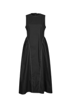 A sleeveless black midi dress with a round neckline and gathered side details, shown against a plain white background.