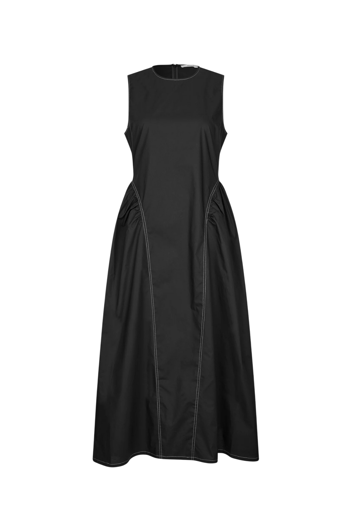 A sleeveless black midi dress with a round neckline and gathered side details, shown against a plain white background.