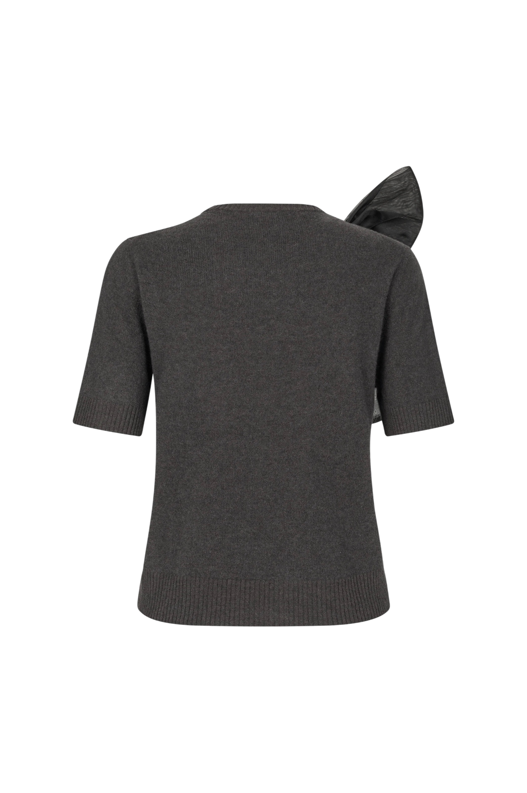 Dark gray sweater with a bow detail on a white background