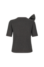 Dark gray sweater with a bow detail on a white background