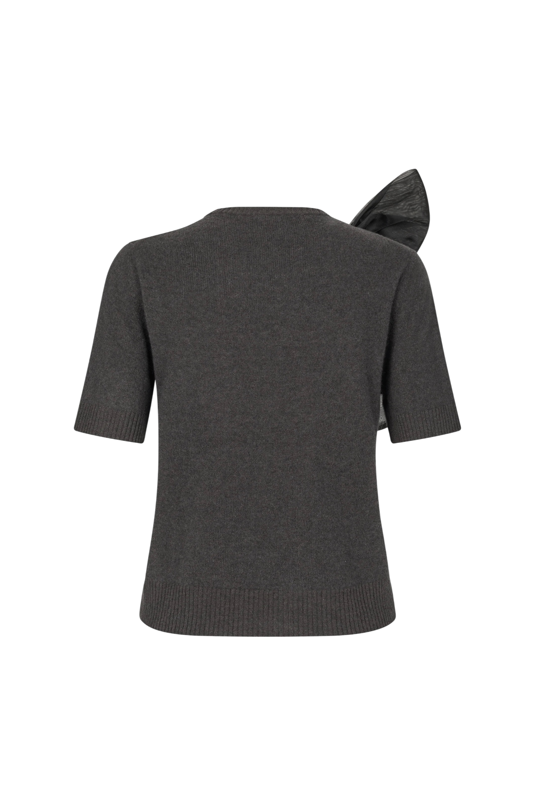 Dark gray sweater with a bow detail on a white background