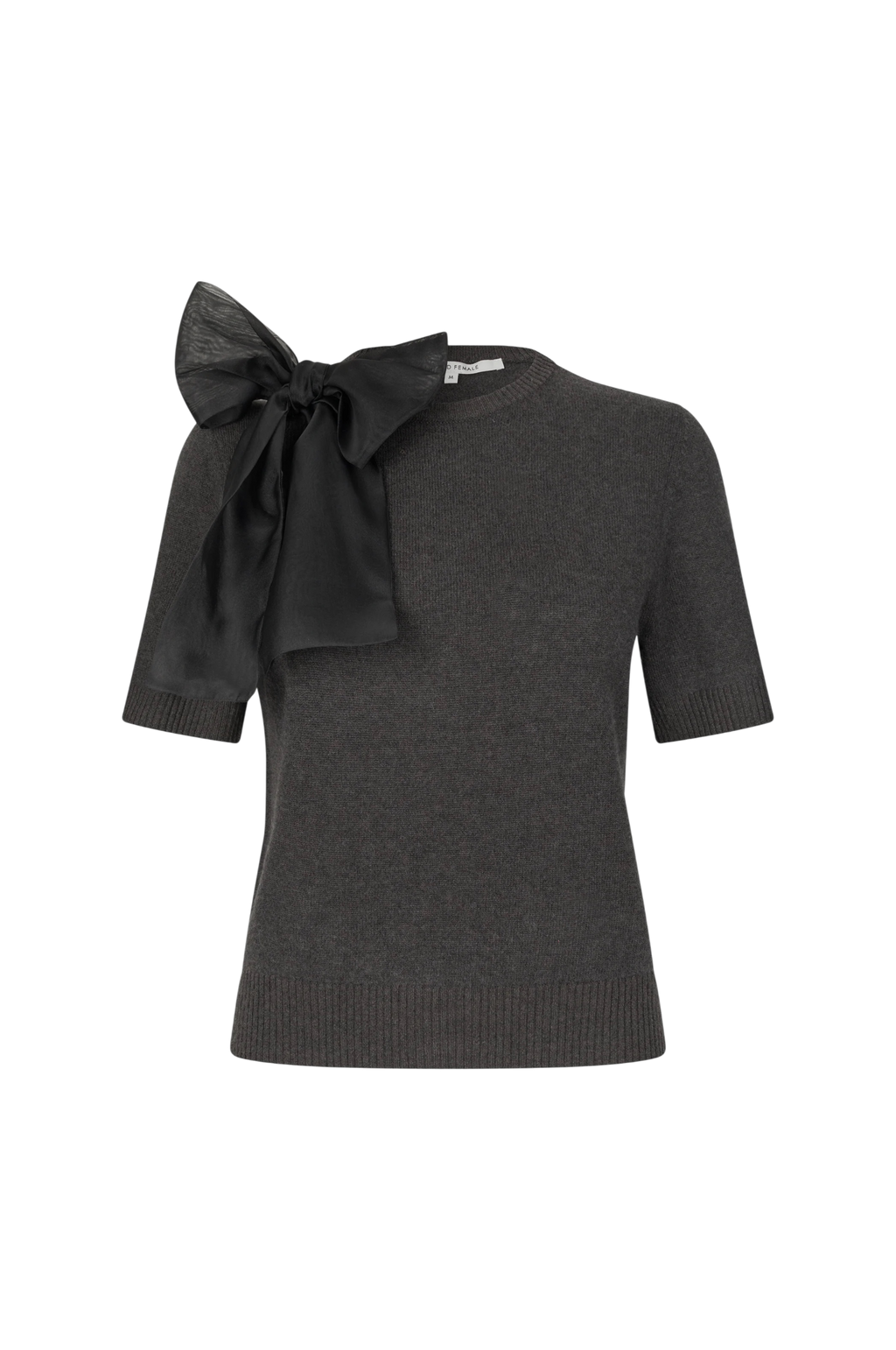 Dark gray sweater with a large bow on a white background.Leara Knit O-Neck second female