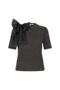Dark gray sweater with a large bow on a white background.Leara Knit O-Neck second female