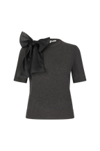 Dark gray sweater with a large bow on a white background.Leara Knit O-Neck second female