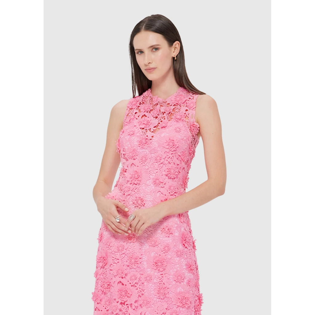 Woman wearing a pink lace dress on a white background