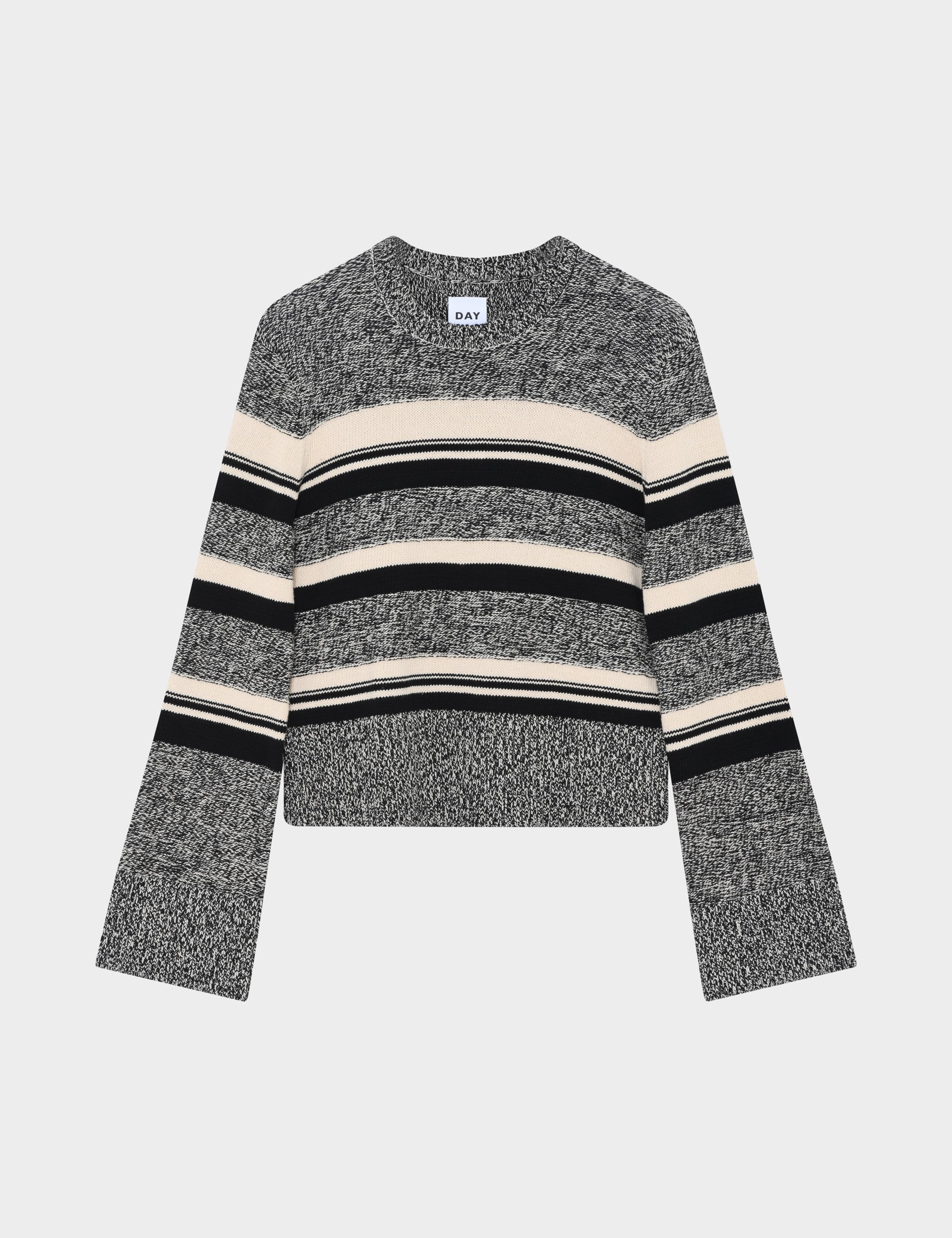 Striped sweater with black, beige, and gray pattern on a light gray background