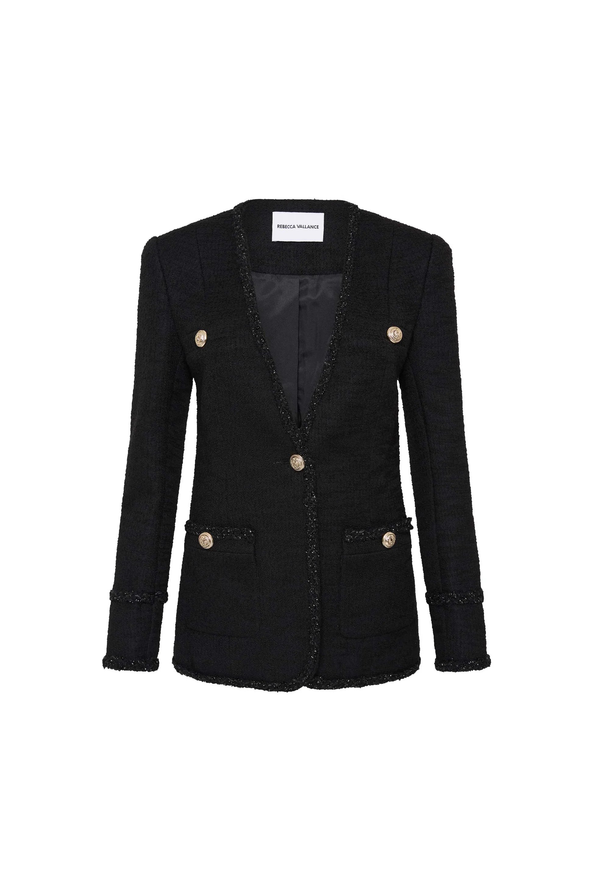 Rebecca vallance margo blazer in black  boucle , in front of a white background