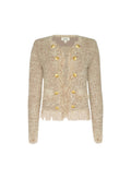 A cropped, long-sleeve tweed jacket in a textured beige bouclé fabric with gold-tone buttons and a frayed hem, shown against a plain white background.