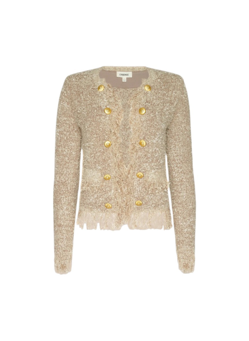 A cropped, long-sleeve tweed jacket in a textured beige bouclé fabric with gold-tone buttons and a frayed hem, shown against a plain white background.