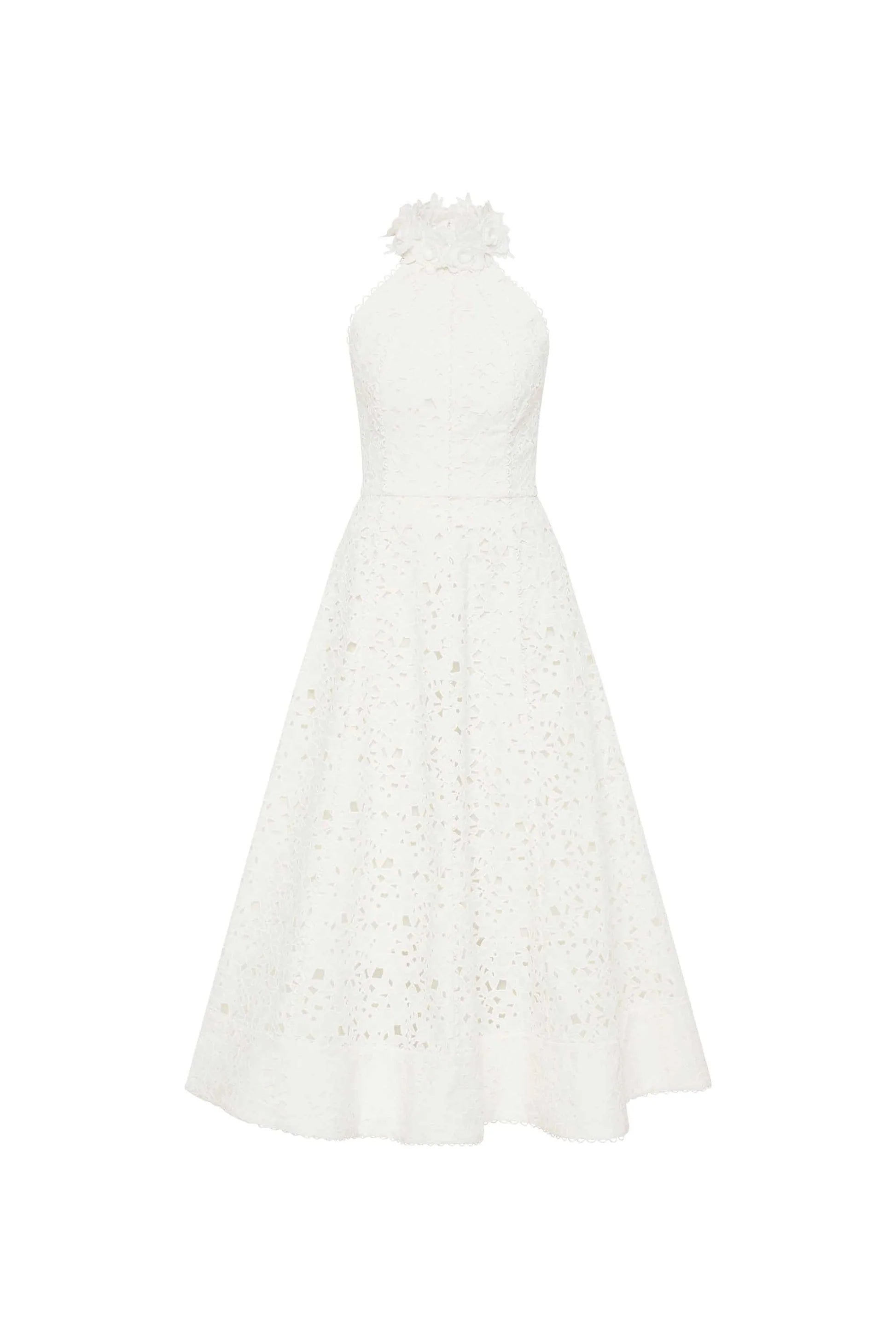 Rebecca valance white nuvola halter midi dress in front of a white background .shop online 