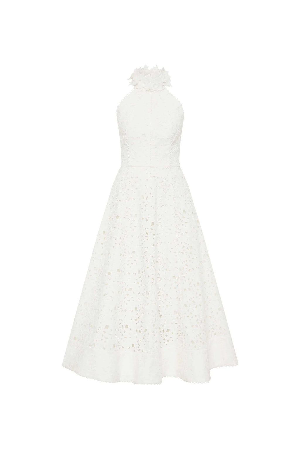 Rebecca valance white nuvola halter midi dress in front of a white background .shop online 