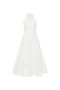 Rebecca valance white nuvola halter midi dress in front of a white background .shop online 