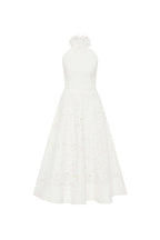 Rebecca valance white nuvola halter midi dress in front of a white background .shop online 