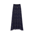 A navy blue midi skirt with a subtle wavy pattern of metallic gold glitter, shown against a plain white background.