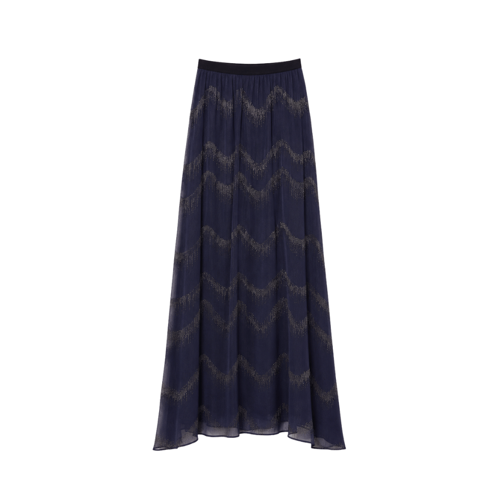 A navy blue midi skirt with a subtle wavy pattern of metallic gold glitter, shown against a plain white background.