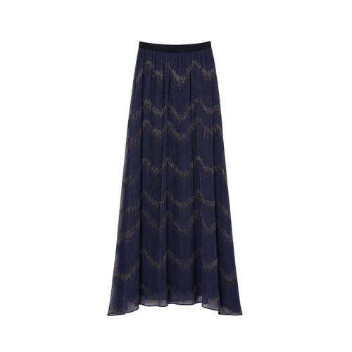 A navy blue midi skirt with a subtle wavy pattern of metallic gold glitter, shown against a plain white background.