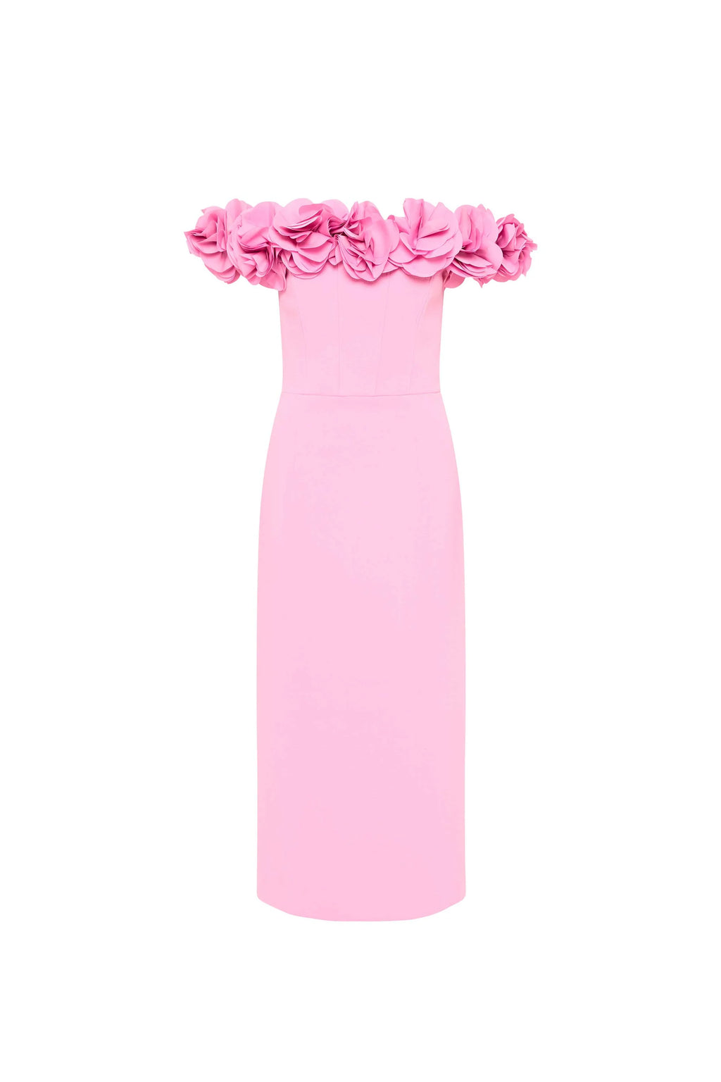 Rebecca Vallance pink Odetta Midi Dress with a floral applique taffeta neckline and a fitted bodice with boning. It features a pencil skirt shape blended from the cinched waist and a split at the back with a zip fastening.