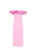 Rebecca Vallance pink Odetta Midi Dress with a floral applique taffeta neckline and a fitted bodice with boning. It features a pencil skirt shape blended from the cinched waist and a split at the back with a zip fastening.