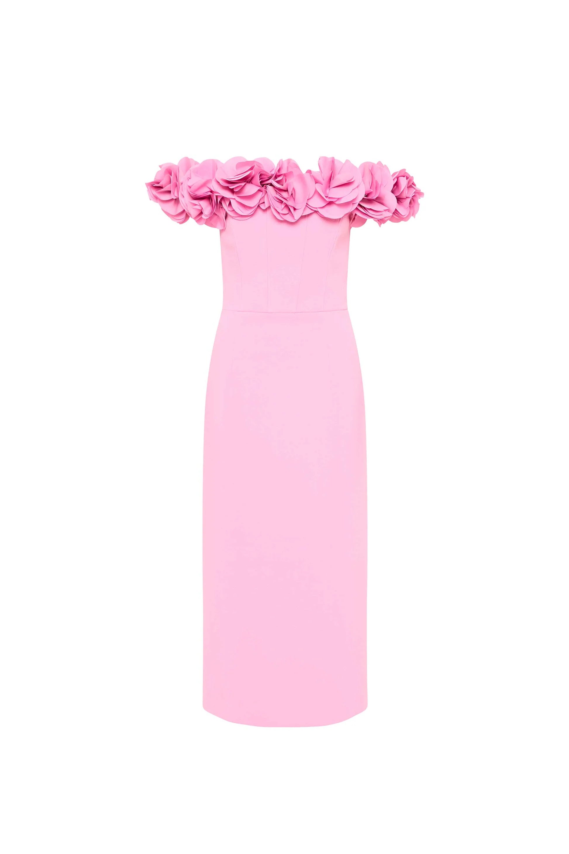 Rebecca Vallance pink Odetta Midi Dress with a floral applique taffeta neckline and a fitted bodice with boning. It features a pencil skirt shape blended from the cinched waist and a split at the back with a zip fastening.