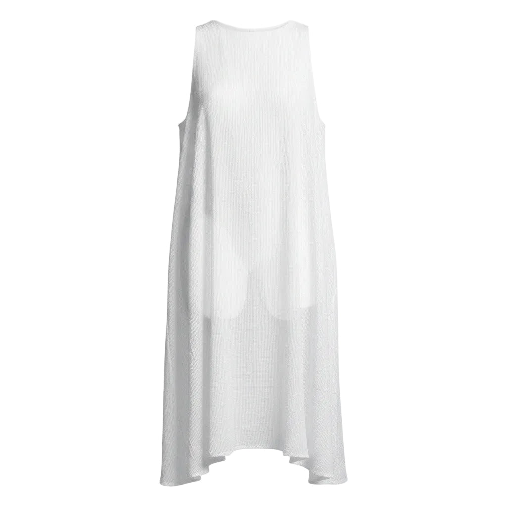 A sleeveless white high-low dress displayed on a headless mannequin against a plain white background.