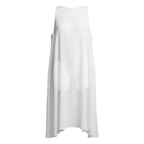 A sleeveless white high-low dress displayed on a headless mannequin against a plain white background.