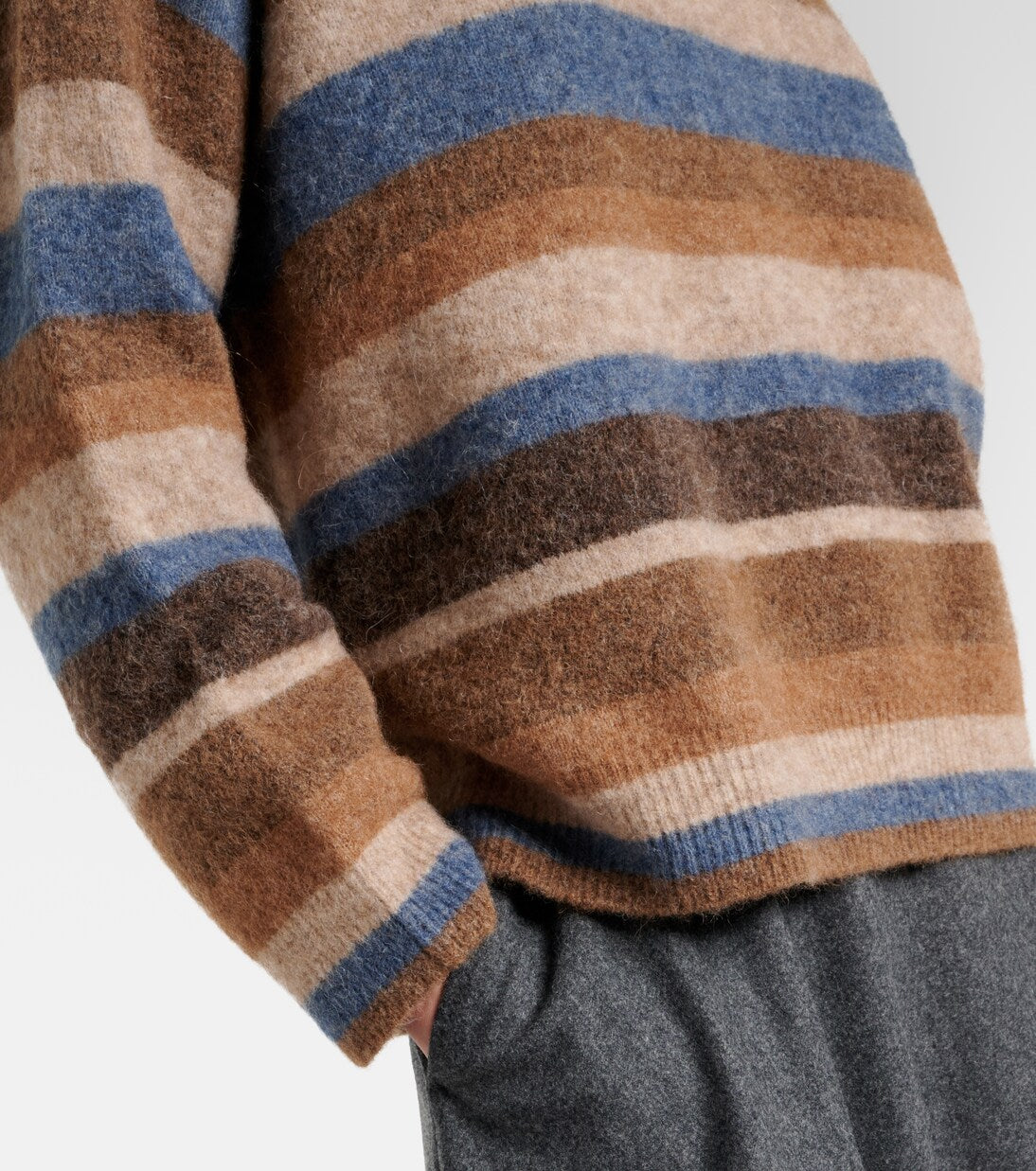 Close-up of a striped sweater with blue, brown, and beige colors on a white background. 's Max Mara sweater alpaca and wool SMMVOLARE