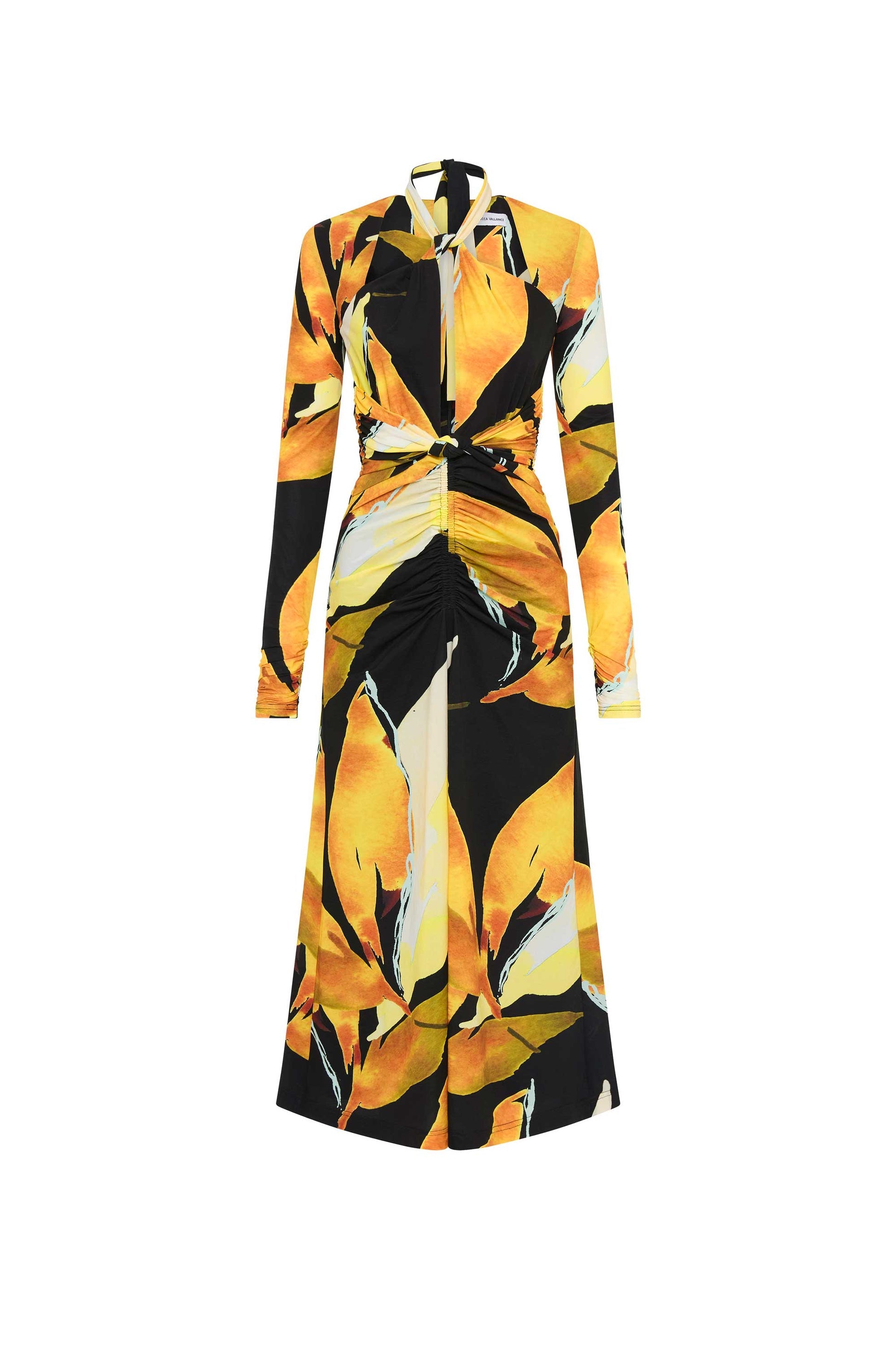 Rebecca Vallance long sleeve midi dress with a vibrant golden printed design, featuring front cut outs, a rounded tie neckline, and a knotted gathered waist.