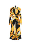 Rebecca Vallance long sleeve midi dress with a vibrant golden printed design, featuring front cut outs, a rounded tie neckline, and a knotted gathered waist.