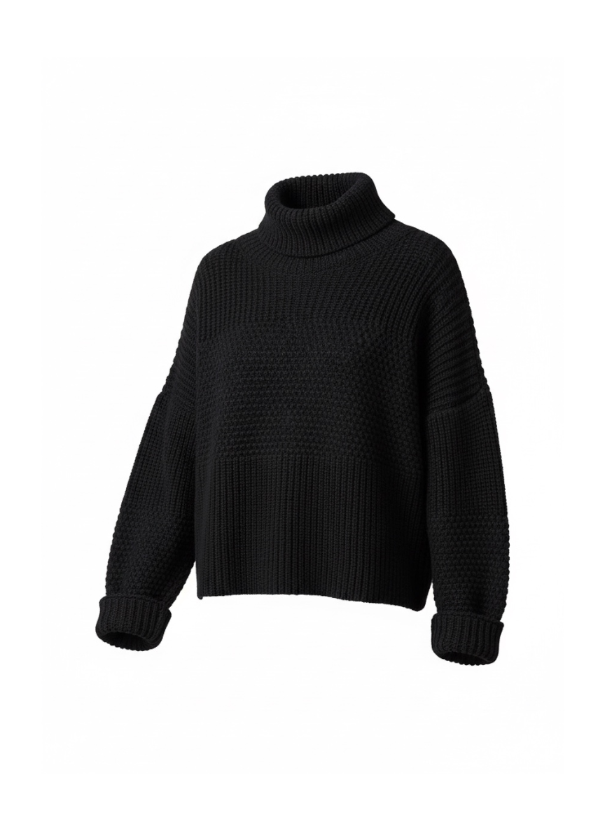 Pure wool chain stitch knit with ribbed turtleneck