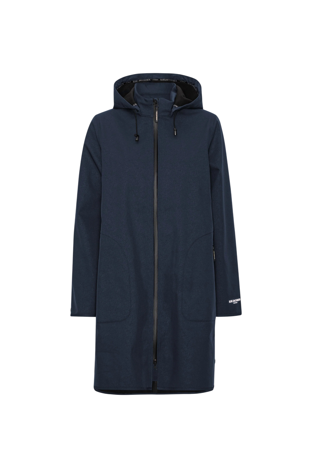 Navy blue raincoat with a hood on a white background