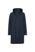 Navy blue raincoat with a hood on a white background