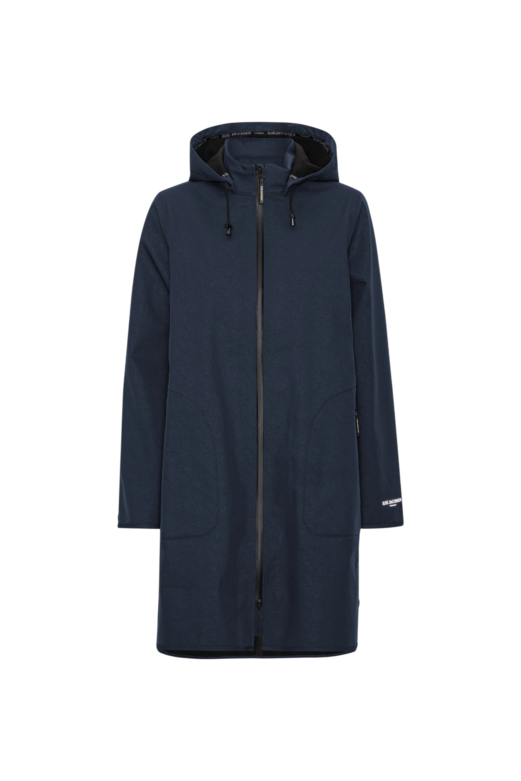 Navy blue raincoat with a hood on a white background