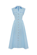 Light blue sleeveless dress with buttons on a white background