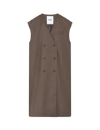 Brown sleeveless dress with button details on a white background
