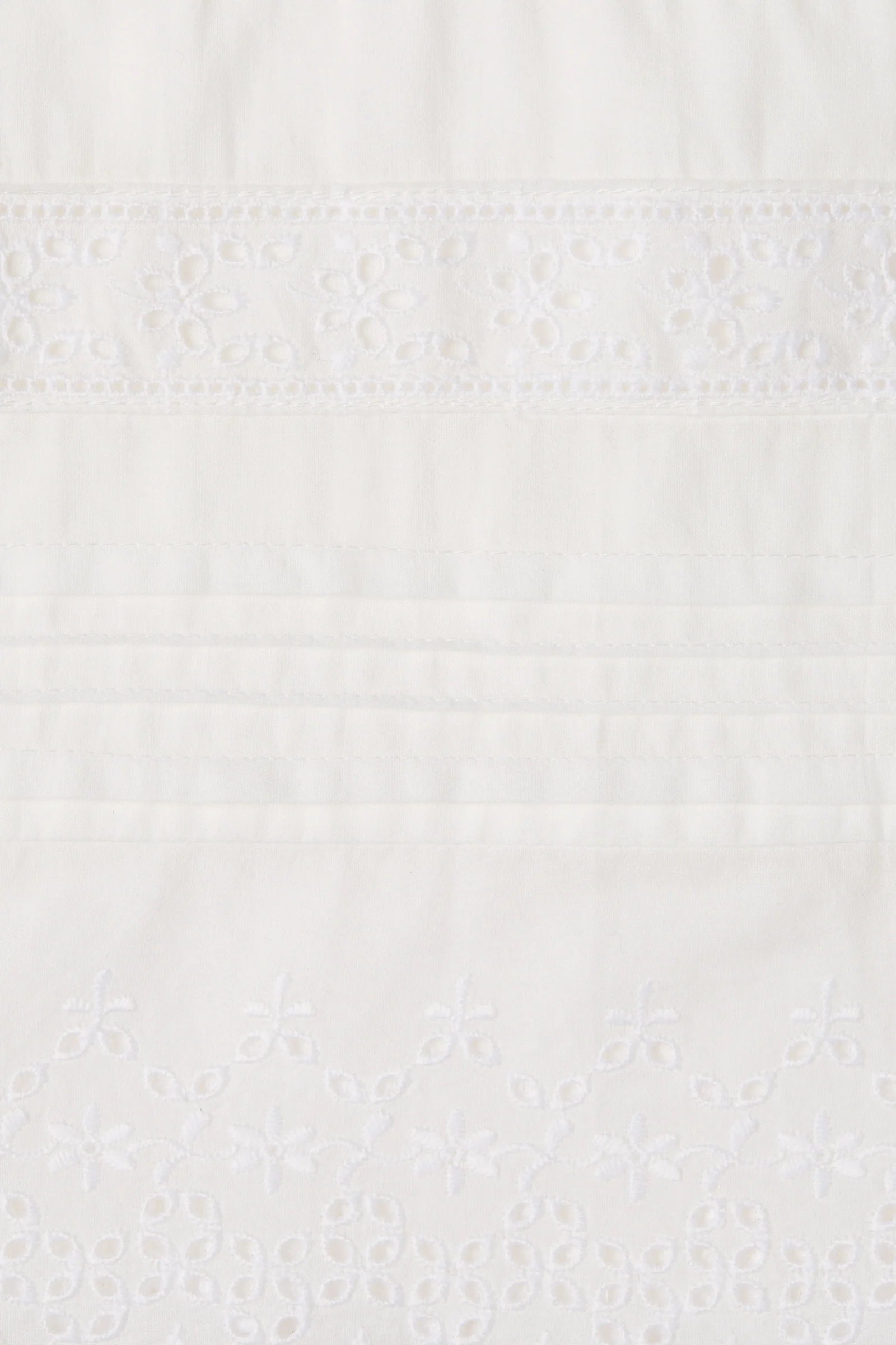 Close-up of a white embroidered fabric with delicate floral eyelet embroidery and horizontal stitched bands.