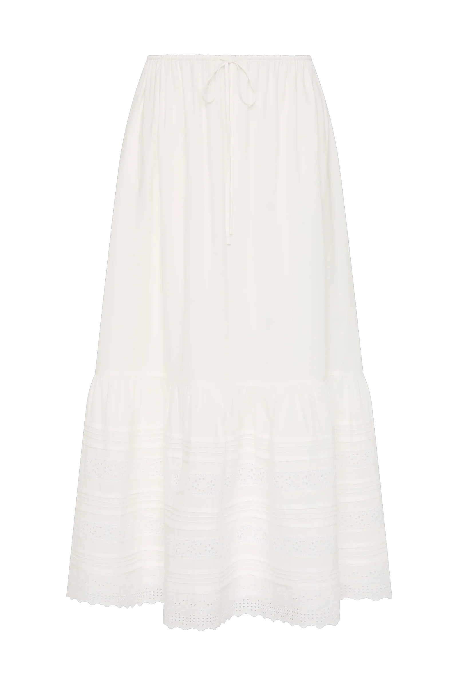 An off-white tiered midi skirt with eyelet embroidery and a drawstring waist, shown flat on a white background.