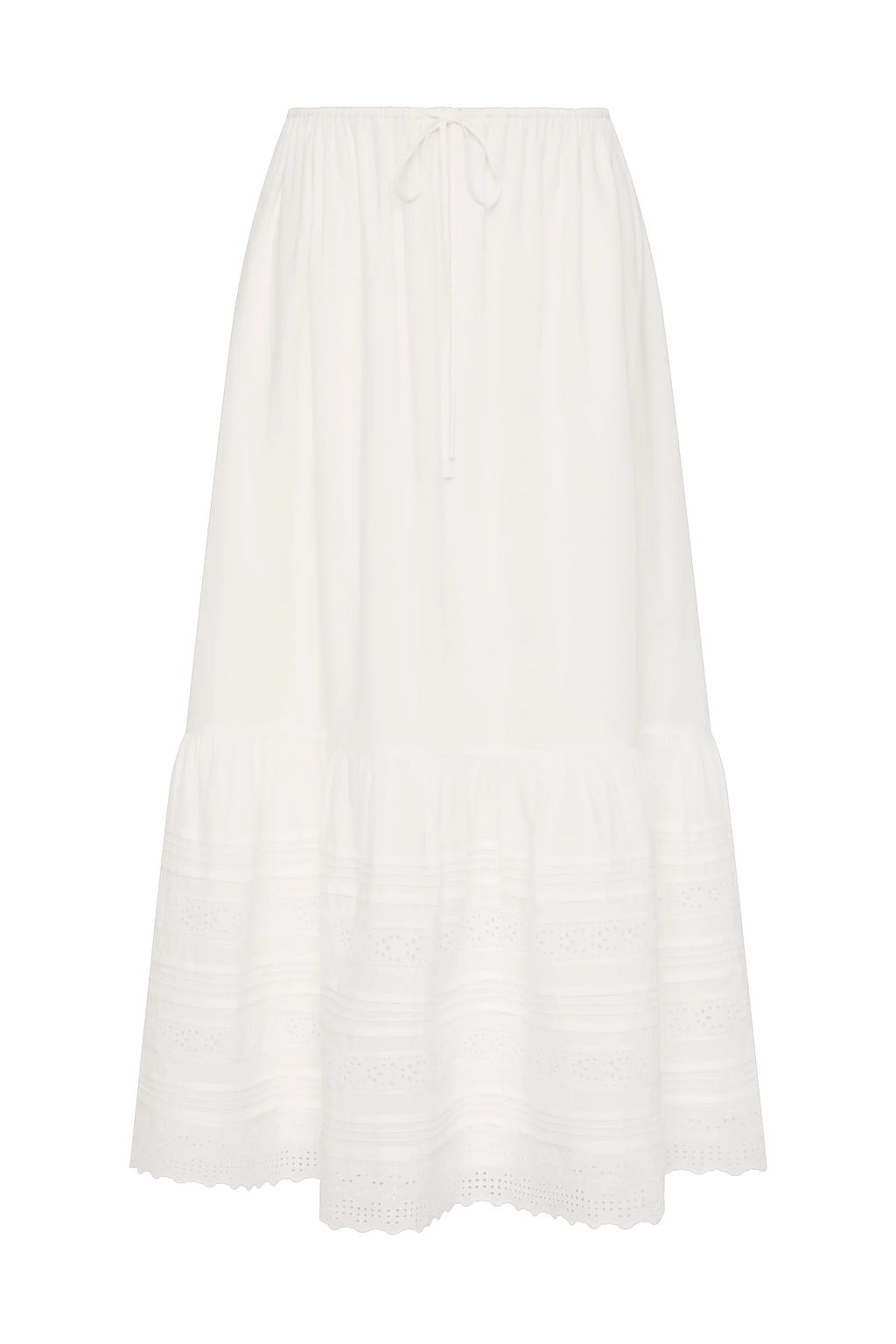 An off-white tiered midi skirt with eyelet embroidery and a drawstring waist, shown flat on a white background.