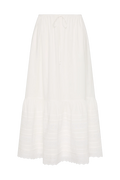 An off-white tiered midi skirt with eyelet embroidery and a drawstring waist, shown flat on a white background.