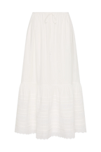 An off-white tiered midi skirt with eyelet embroidery and a drawstring waist, shown flat on a white background.