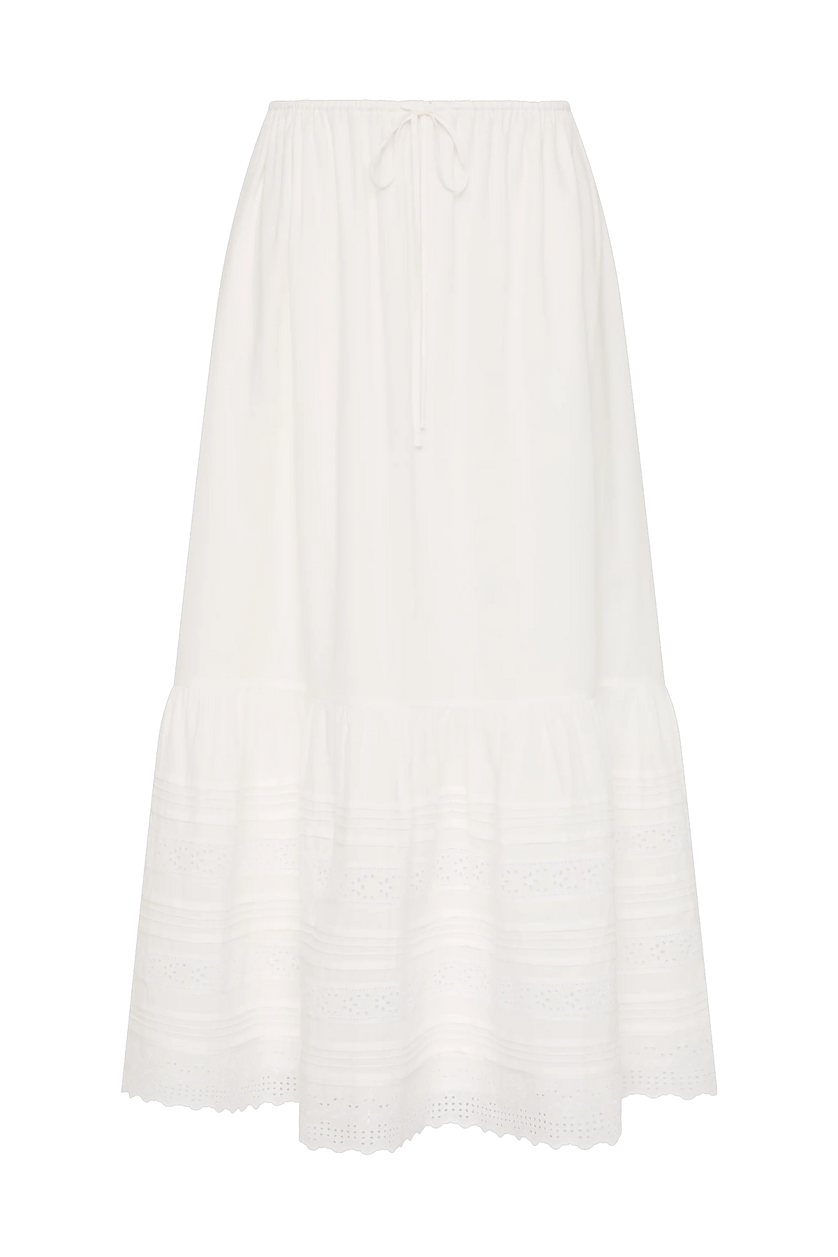 An off-white tiered midi skirt with eyelet embroidery and a drawstring waist, shown flat on a white background.