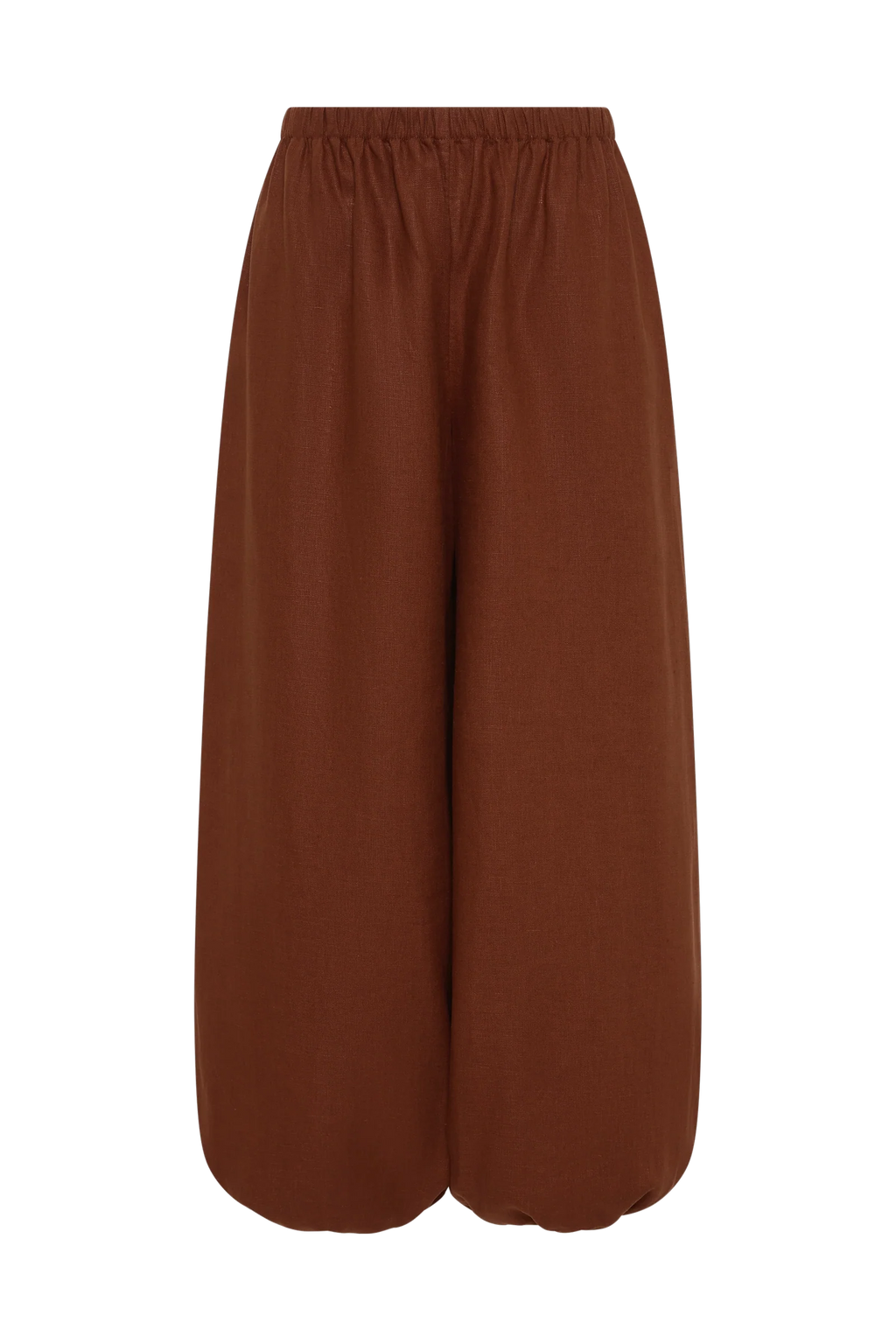 A pair of wide-leg cropped pants in a solid rust brown color, featuring an elastic waistband, shown against a plain white background.