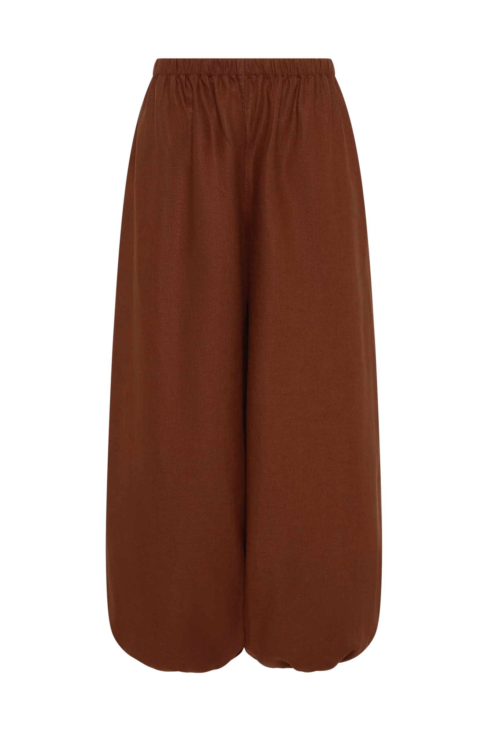 A pair of wide-leg cropped pants in a solid rust brown color, featuring an elastic waistband, shown against a plain white background.