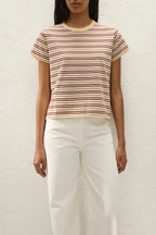 Person wearing a striped shirt and white pants against a plain background