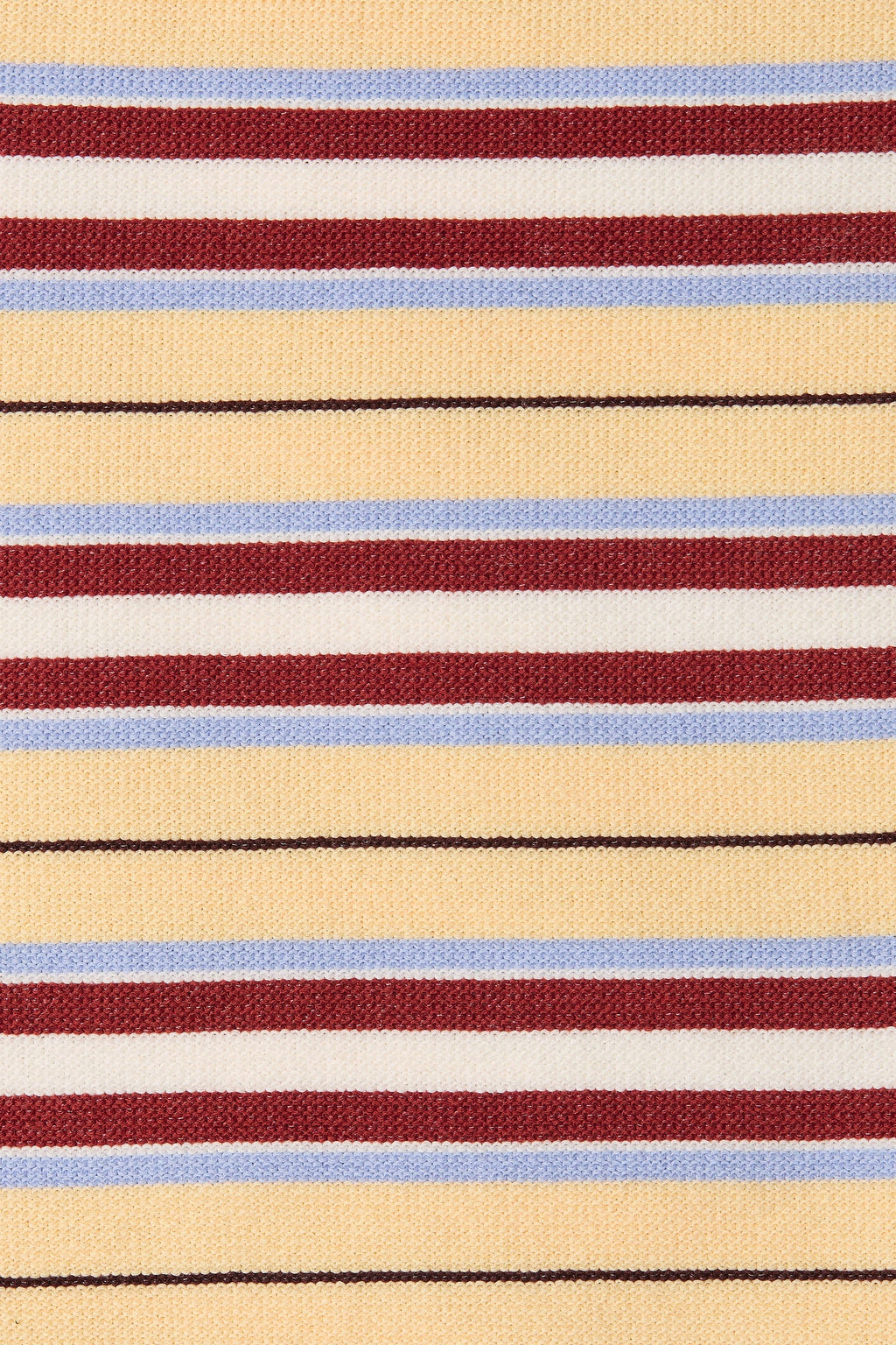 A close-up of a striped woven fabric with horizontal bands of pale yellow, burgundy red, white, light blue, and thin black lines.