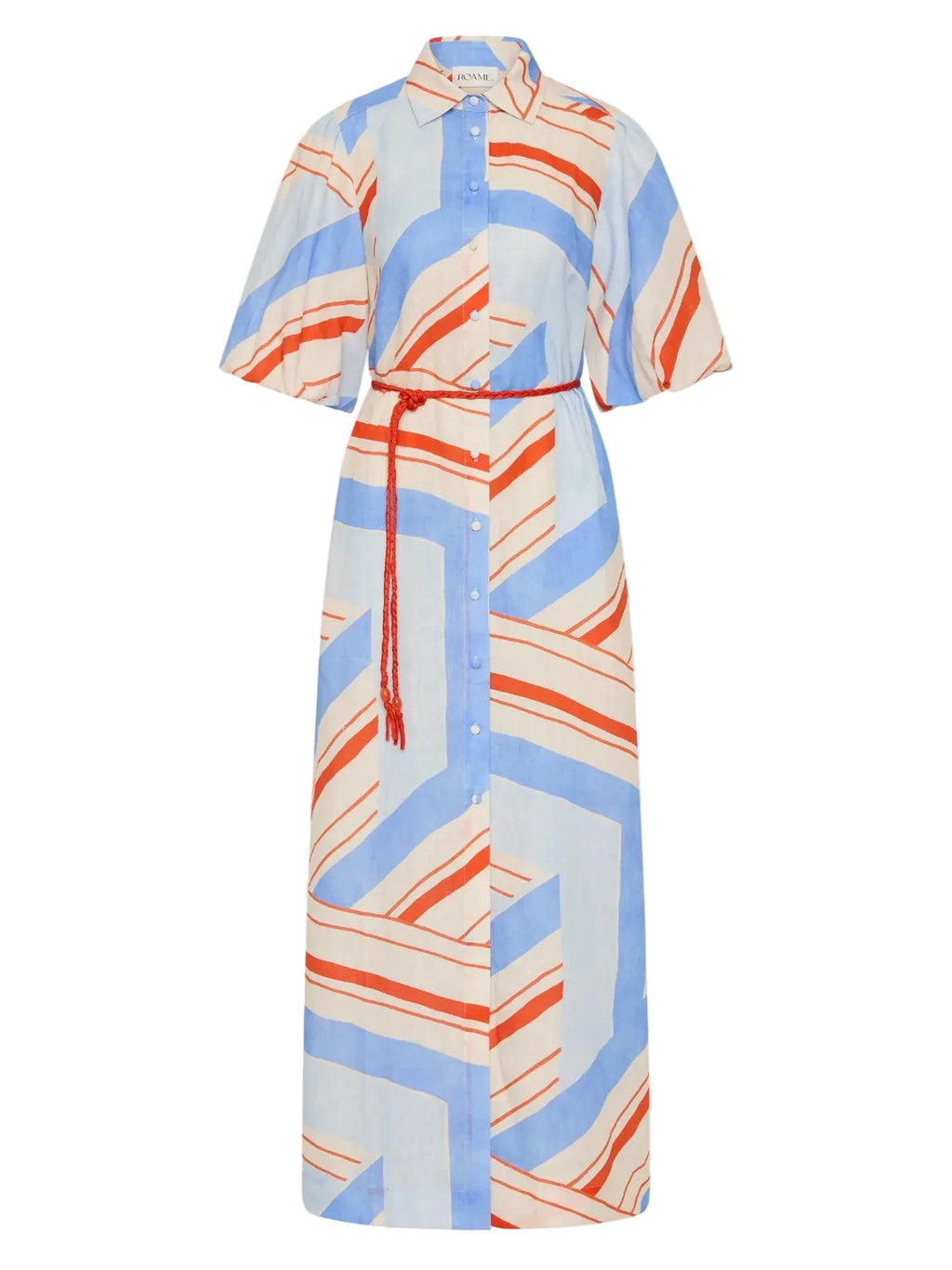 A short-sleeve collared shirt dress with a geometric stripe pattern in light blue, orange, and off-white, featuring a matching orange tie belt. roame Berkley dress