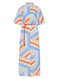 A short-sleeve collared shirt dress with a geometric stripe pattern in light blue, orange, and off-white, featuring a matching orange tie belt. roame Berkley dress