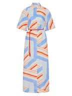 A short-sleeve collared shirt dress with a geometric stripe pattern in light blue, orange, and off-white, featuring a matching orange tie belt. roame Berkley dress